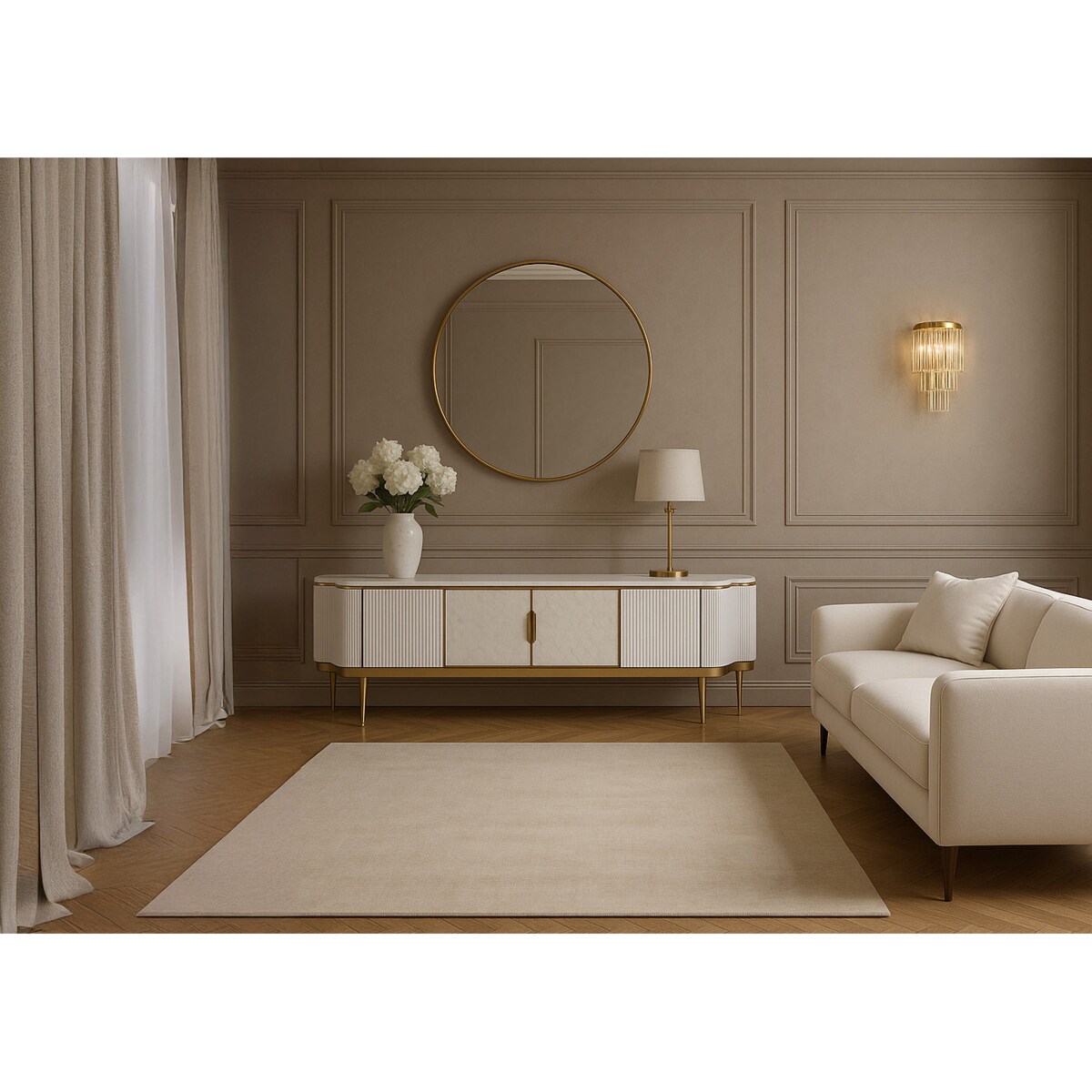 Ryflowana szafka RTV kremowo - złota Champion Glamour Premium z muszelkami z blatem marmurowym 200x40x52