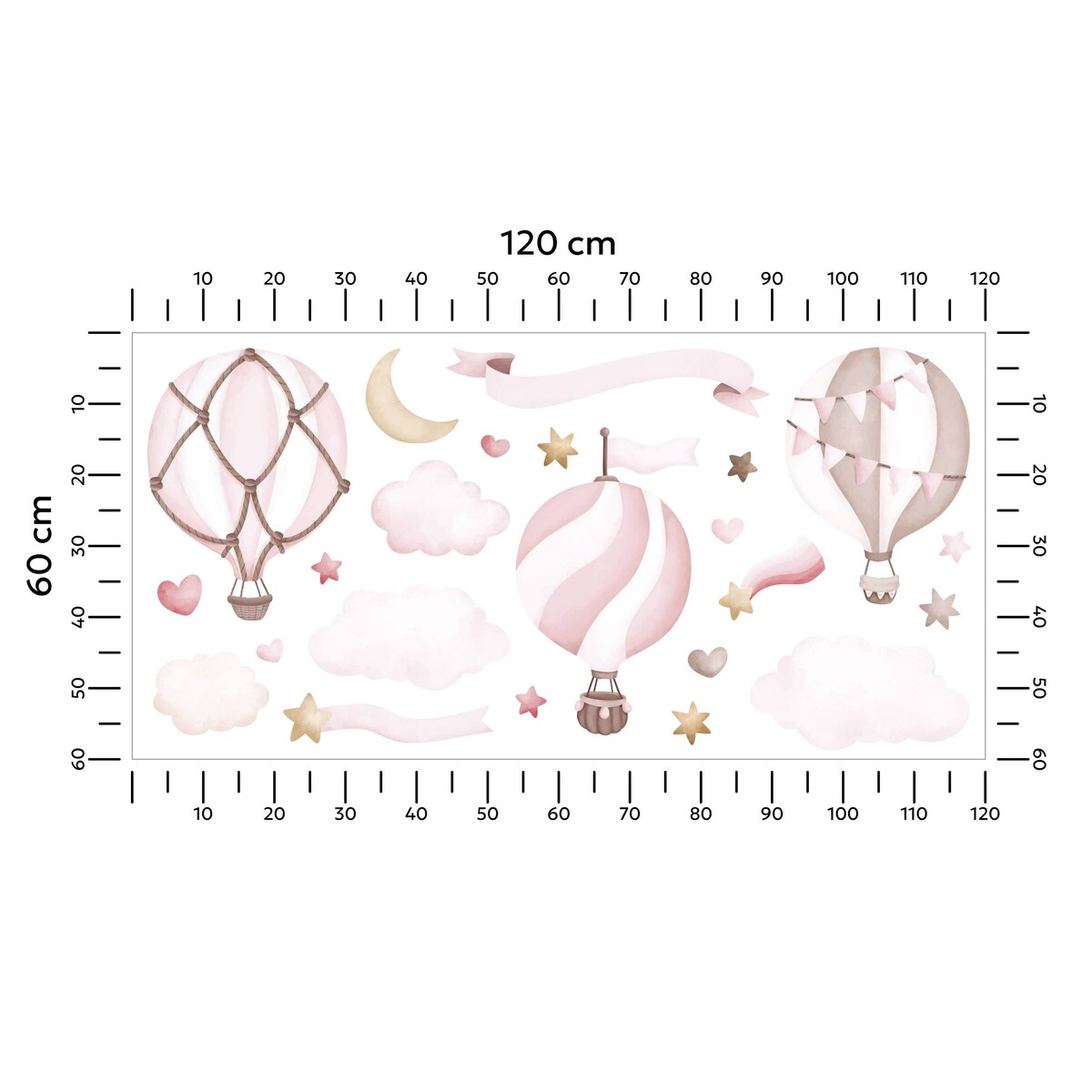 Naklejki Dla Dzieci Różowe Balony Gwiazdy Chmury Serduszka Styl Boho ZESTAW 120x60cm