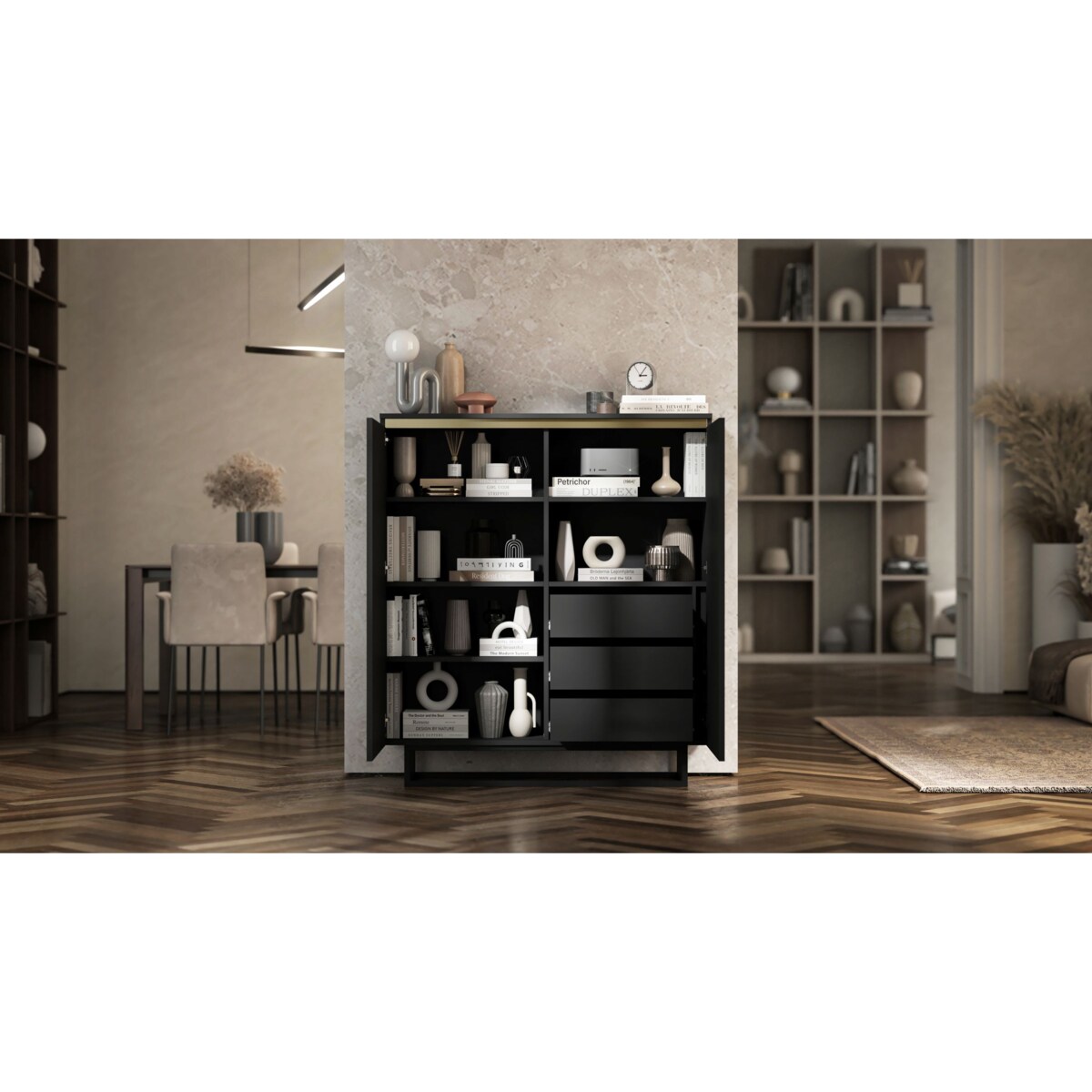 Komoda Glamour Szafka RTV Czarny MAT ryflowane fronty czarny stelaż 110,8 cm