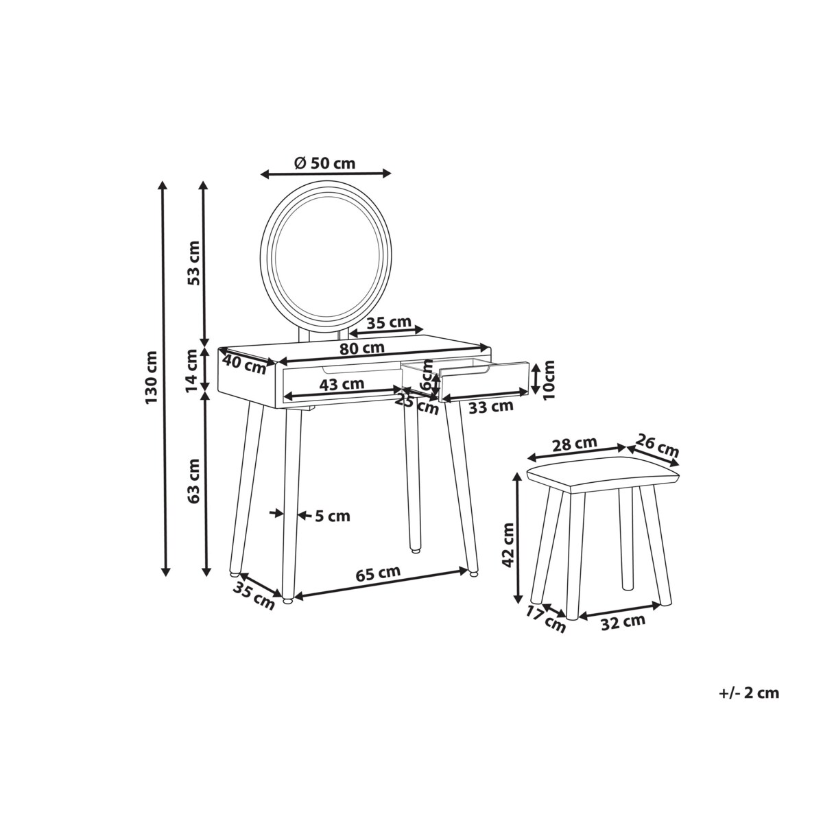 Toaletka 2 szuflady lustro LED ze stołkiem biało-szara JOSSELIN