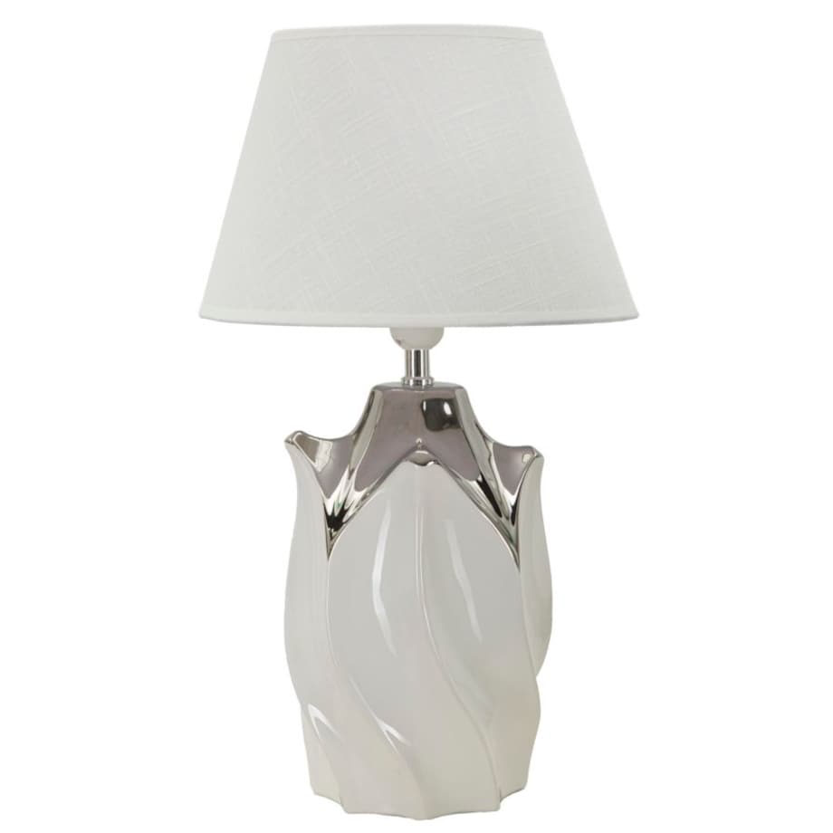 Lampa stołowa Shiney, kolor biały i srebrny, ceramika, żelazo i tkanina, 30 x 30 x 51 cm, 1 x E27, max. 40 W, do salonu i sypialni, Mauro Ferretti