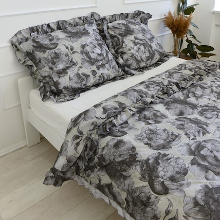 Pościel Bawełniana Z Falbanką Komplet Zestaw Do Sypialni 140X200 Cm Szare Kwiaty + Poduszka 70X80 Cm
