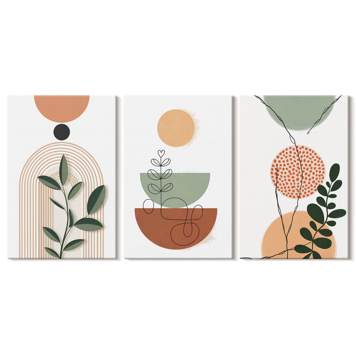Zestaw 3 małych obrazów na płótnie - Abstrakcyjne roślinne kształty boho - beżowy