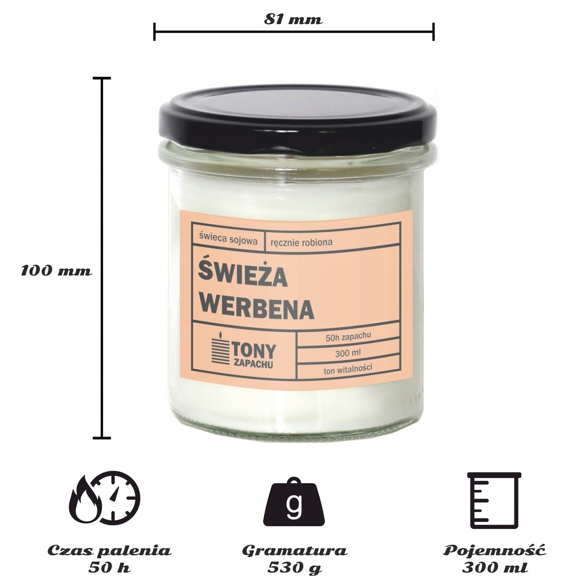 Świeca sojowa naturalna zapachowa ŚWIEŻA WERBENA- najlepsza aromatyczna bezpieczna ręcznie robiona w szklanym słoiczku 300ml 50h palenia na prezent upominek