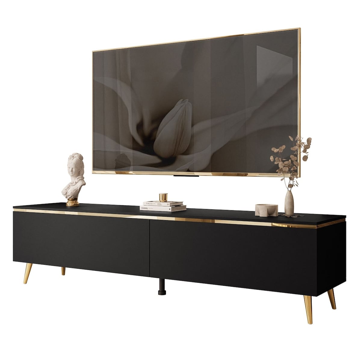 Szafka RTV AURORA czarny mat LED nogi skośne złote