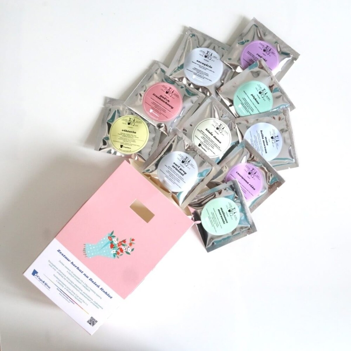 Zestaw prezentowy dla Niej. Box z kawą i herbatą na Dzień Kobiet - prezent upominek. Zestaw 10 herbat sypanych, zestaw 10 kaw smakowych oraz elegancki zaparzacz w kształcie agrafki