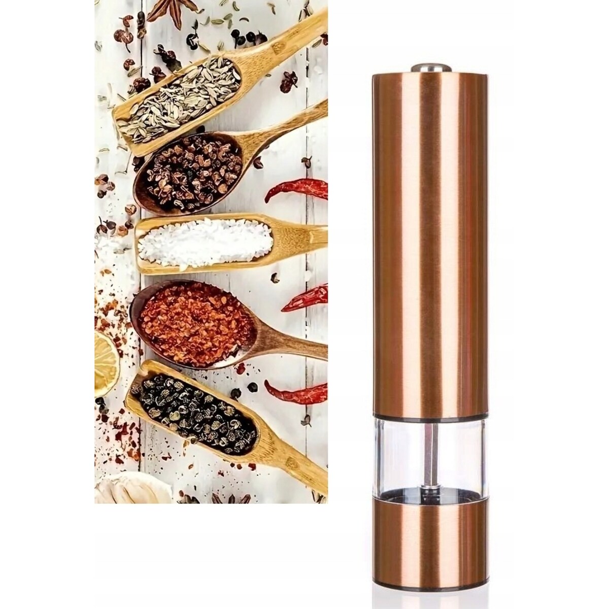 MŁYNEK PRZYPRAWY mielenia SOLI PIEPRZU zioła elektryczny miedziany kuchnia