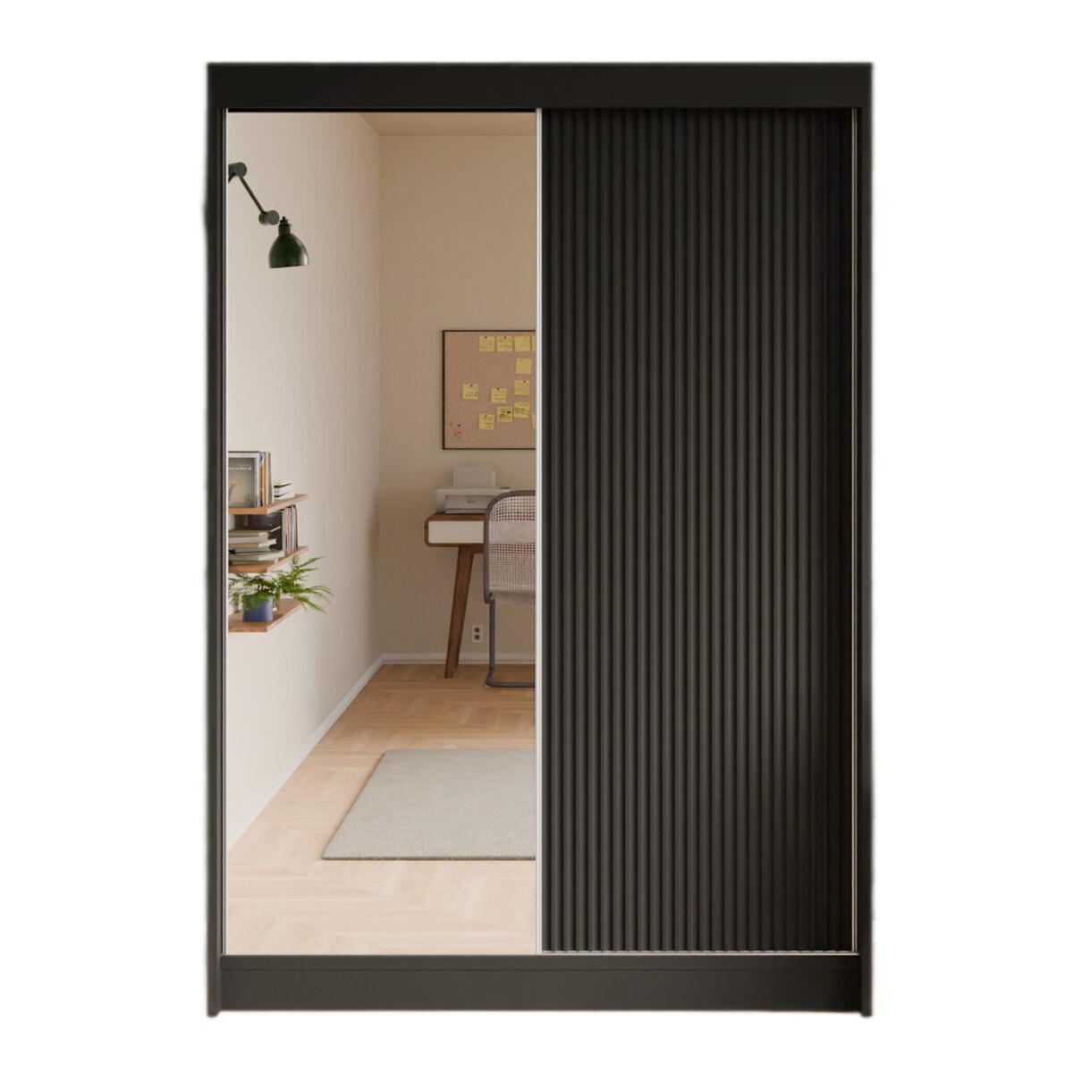 Szafa przesuwna, ryflowana z lustrem 150 cm - Czarna