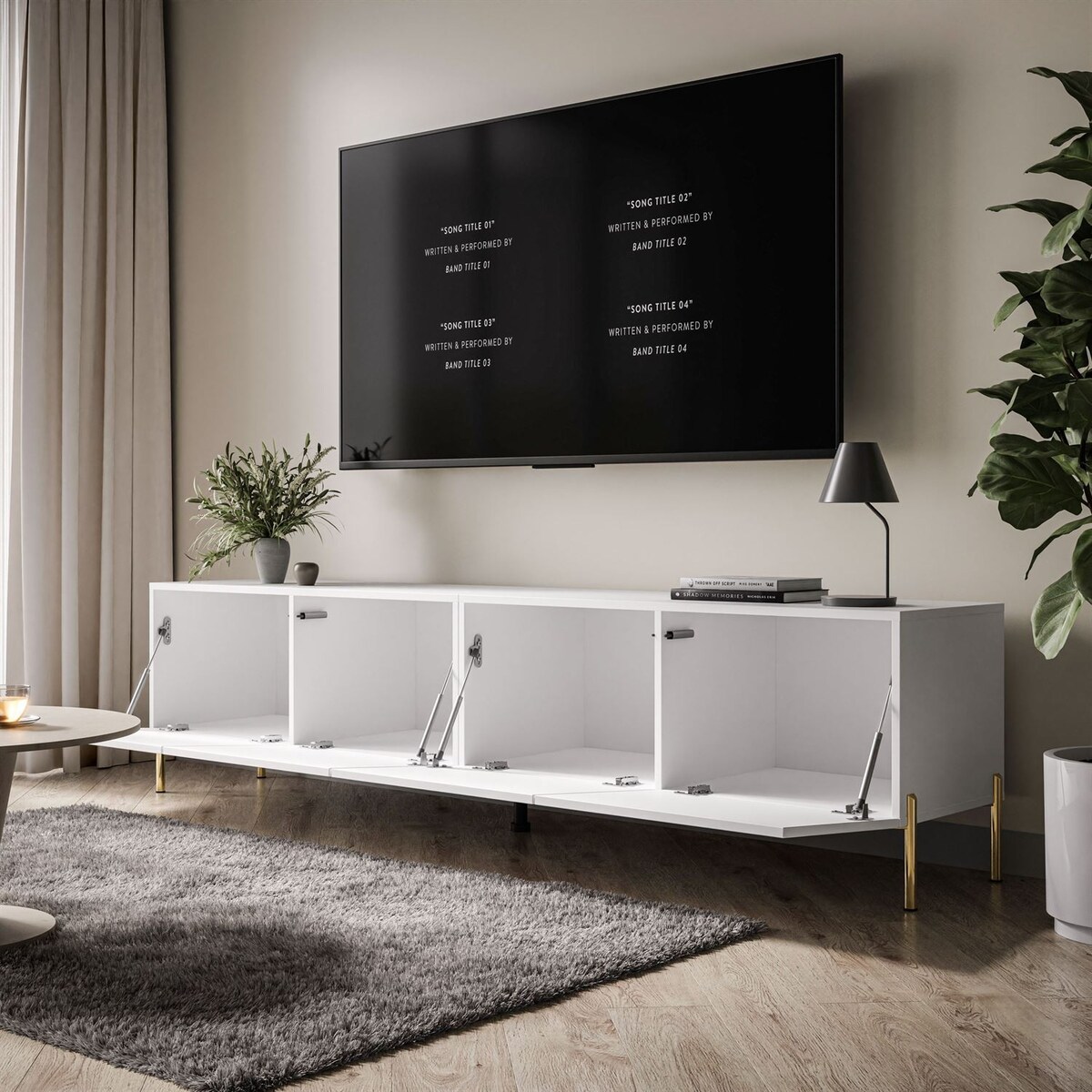 Szafka RTV COLGANTE 200 cm biały połysk nogi złote metalowe