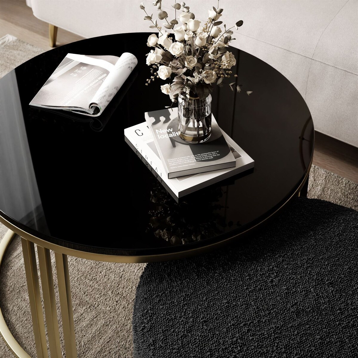 Stolik kawowy z pufą LORI POŁYSK złoto szczotkowane, czarny / Coral 60