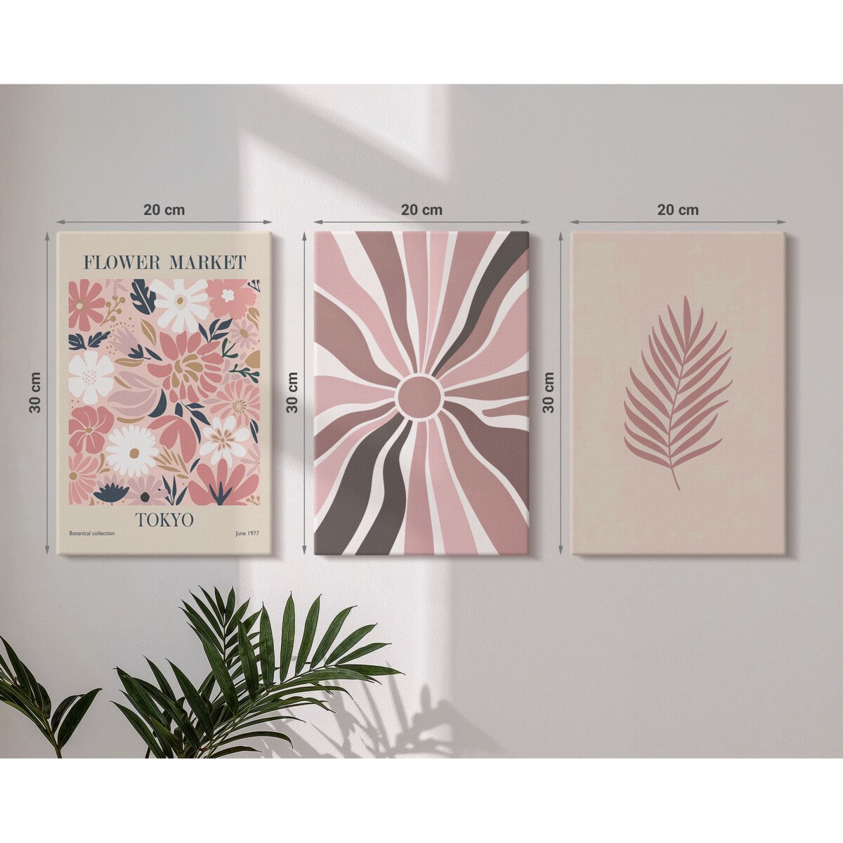 Zestaw 3 małych obrazów na płótnie - Kwiatowe wzory liści i geometria - różowy