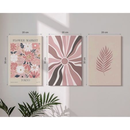 Zestaw 3 małych obrazów na płótnie - Kwiatowe wzory liści i geometria - różowy