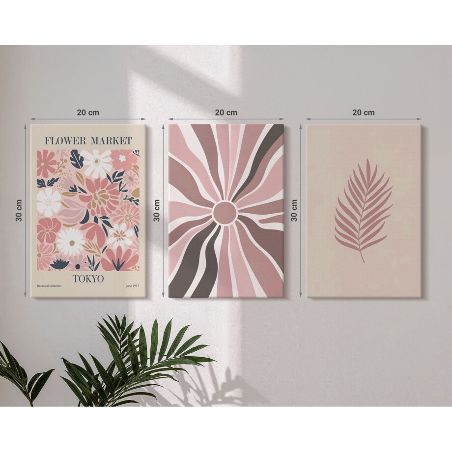 Zestaw 3 małych obrazów na płótnie - Kwiatowe wzory liści i geometria - różowy