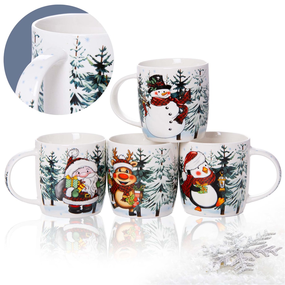 Kubek Świąteczny Boże Narodzenie Mikołaj Bałwan 370 Ml Zestaw 4 Szt