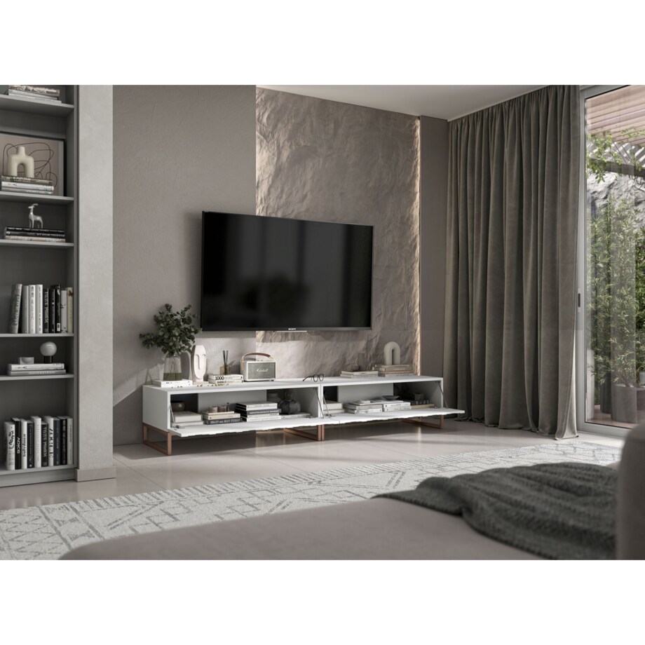 Nowoczesna Szafka RTV Glamour Komoda RTV Ryflowane fronty Biały Mat 220 cm