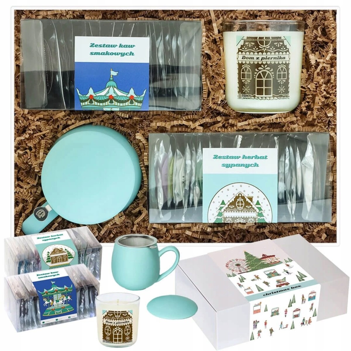 MEGA ZESTAW PREZENTOWY BOX KOSZ KAWA HERBATA SYPANA MIX SMAKÓW ŚWIECA KUBEK PREZENT UPOMINEK POD CHOINKĘ NA ŚWIĘTA GWIAZDKĘ MIKOŁAJA BOŻE NARODZENIE DLA KOBIETY FACETA MĘŻCZYZNY
