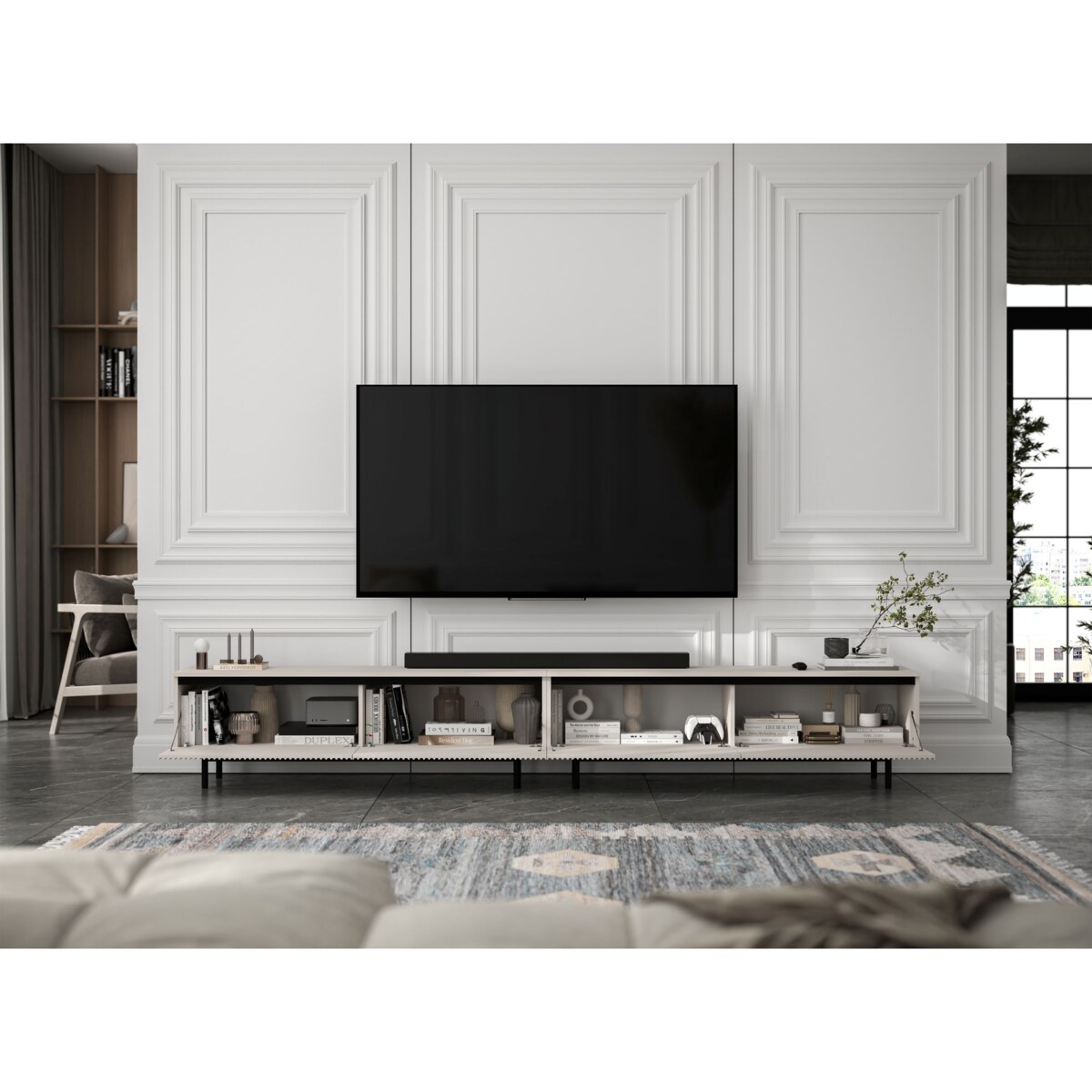 Nowoczesna Szafka RTV Glamour Komoda RTV Kaszmir Mat 280 cm czarne akcenty