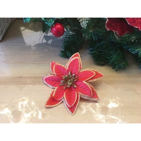 SZTUCZNY KWIAT GWIAZDA BETLEJEMSKA brokatowa czerwona świąteczna dekoracja