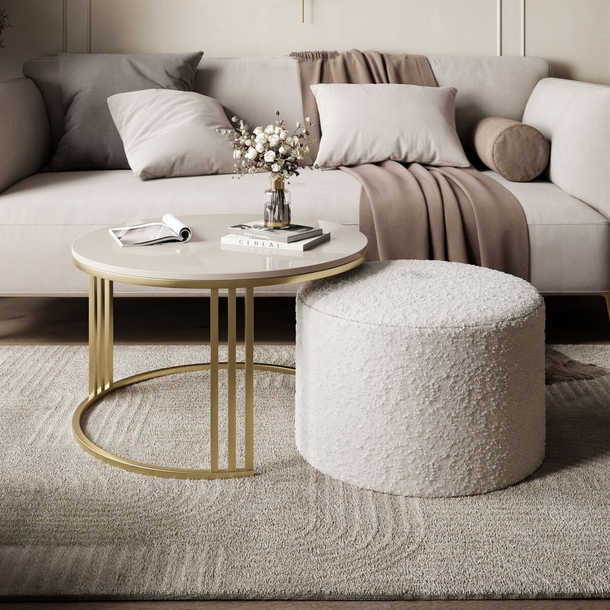 Stolik kawowy z pufą LORI POŁYSK złoto szczotkowane, kaszmir / Coral 65