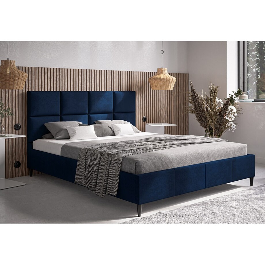 Łóżko tapicerowane 140x200 LUXO 1 na drewnianych nogach - granatowe