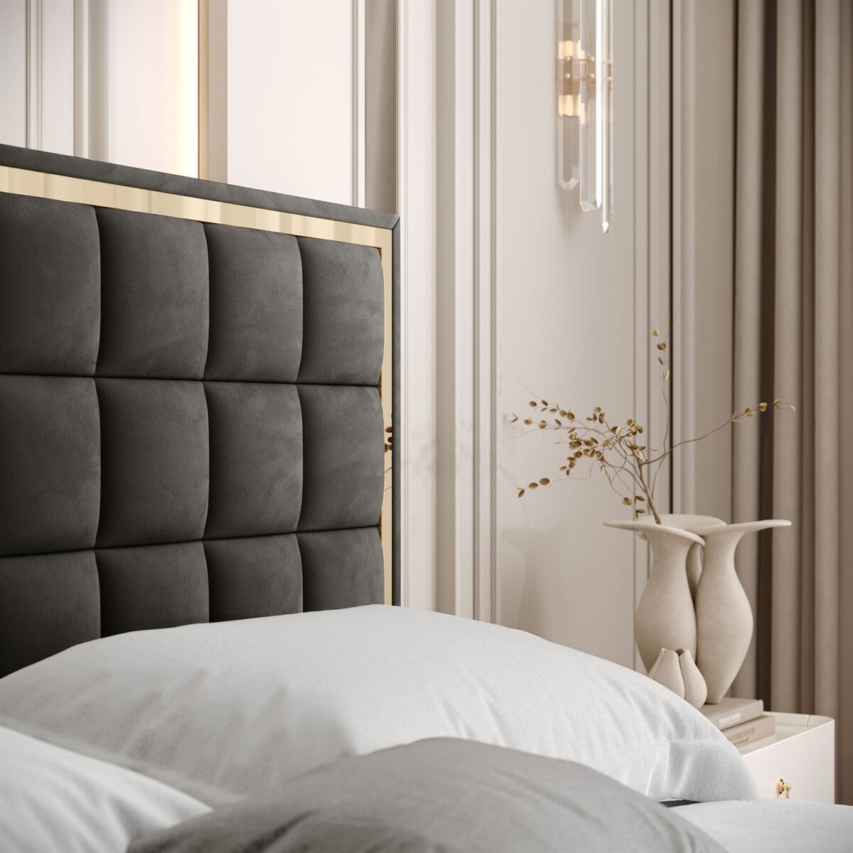 Łóżko tapicerowane ISADORA GOLD, pojemnik na pościel, stelaż 34, 180x200, RV 185