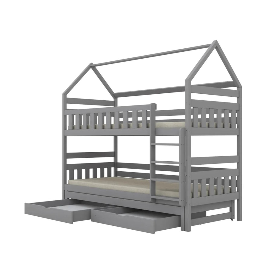 Łóżko piętrowe domek FELIKS 200x80 szare drewniane trzyosobowe z szufladami