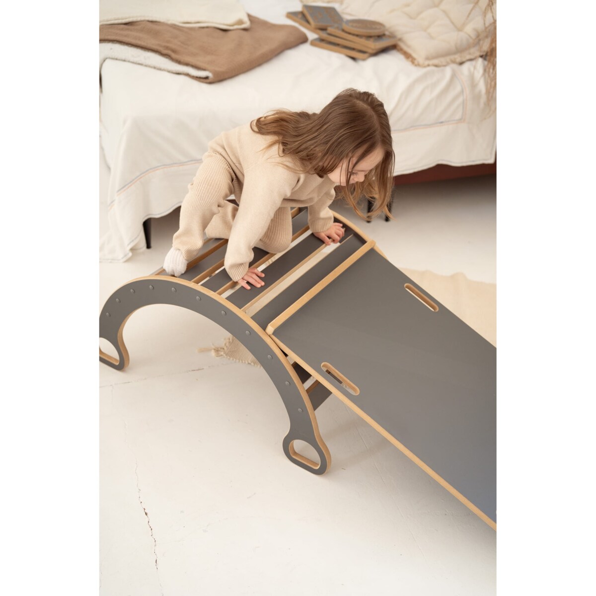 MAŁY bujak montessori + MAŁA zjeżdżalnia DRABINKA - szary