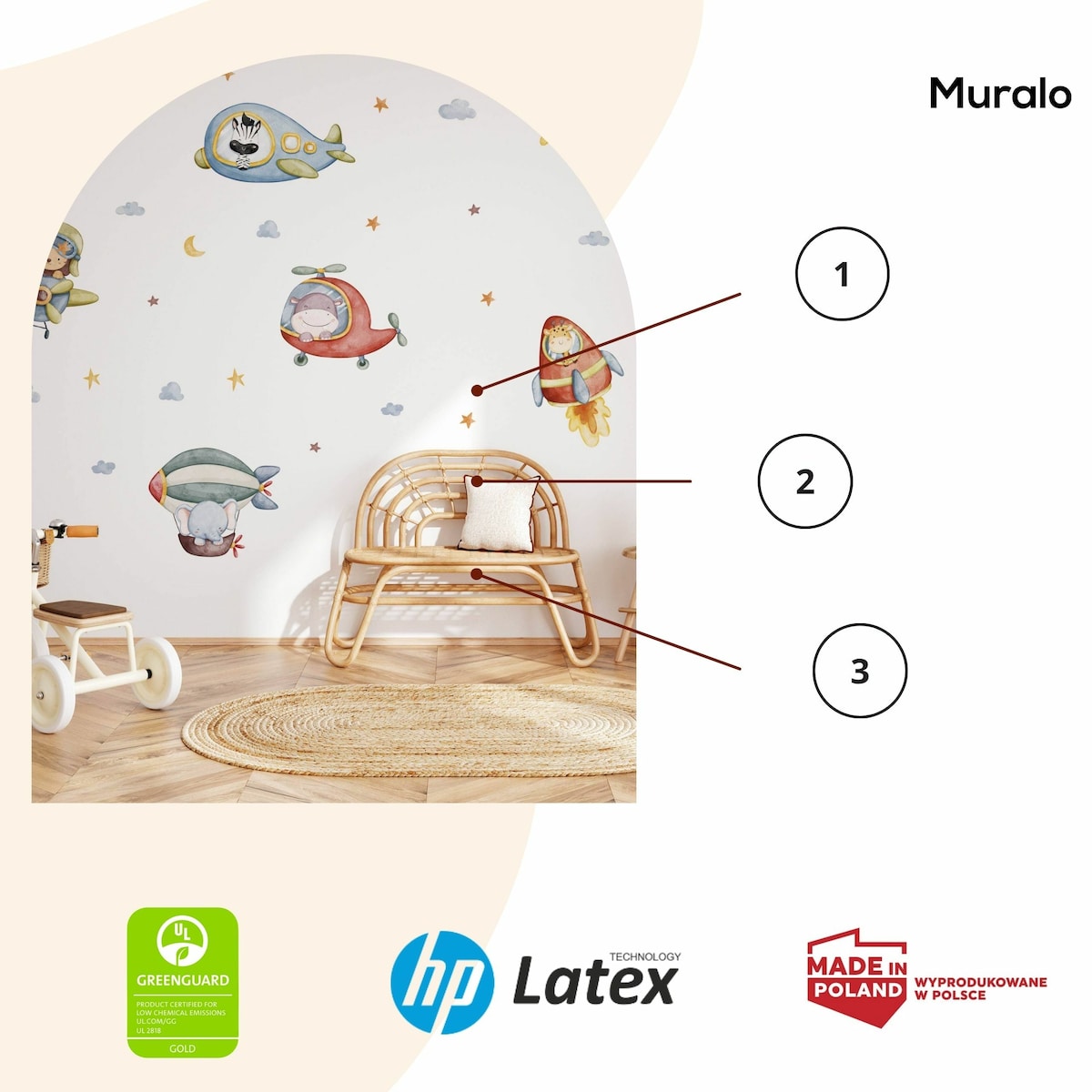 Naklejki Dla Dzieci Zwierzątka Chmury Gwiazdy Styl Boho Samoloty ZESTAW 120x60cm