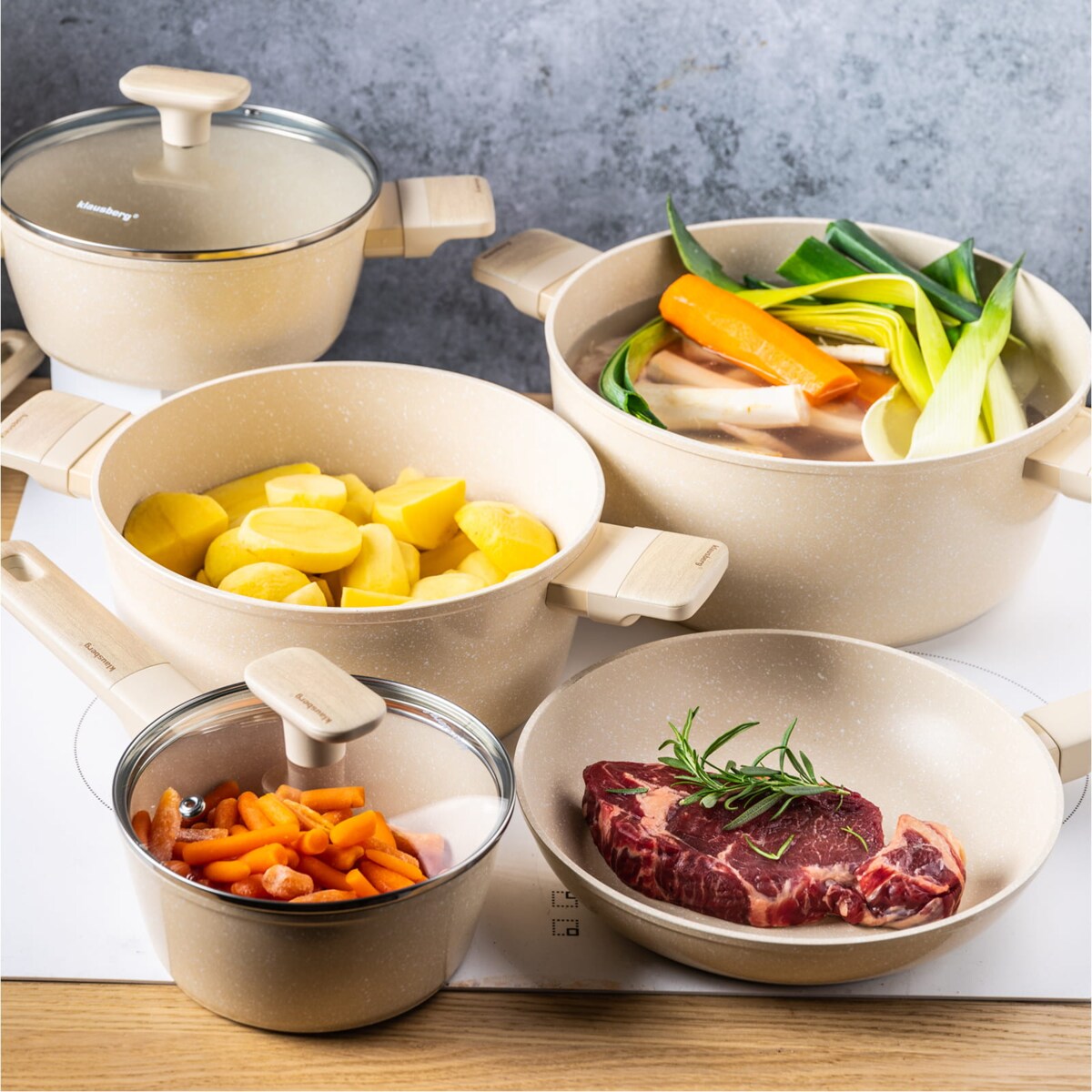 Komplet garnków z marmurkową powłoką nieprzywierającą 12-ele KLAUSBERG