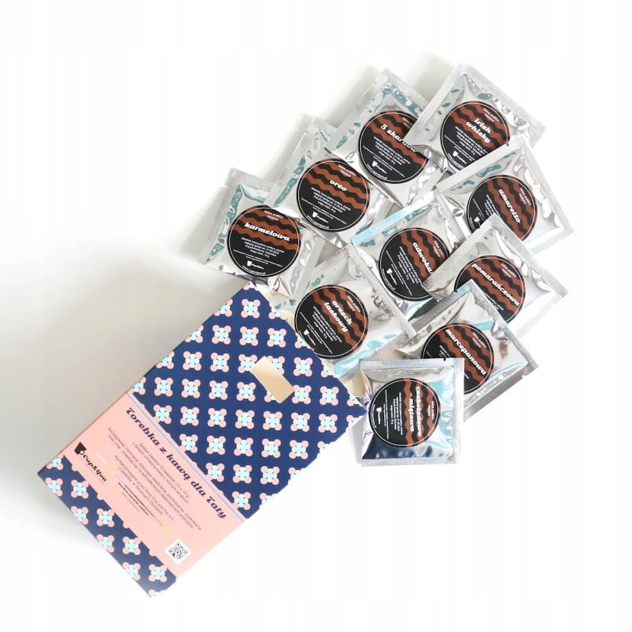 ZESTAW PREZENTOWY UPOMINKOWY BOX - 10 RÓŻNYCH SMAKÓW KAW MIELONYCH ARABICA - PREZENT UPOMINEK DLA TATY TEŚCIA NA DZIEŃ OJCA URODZINY