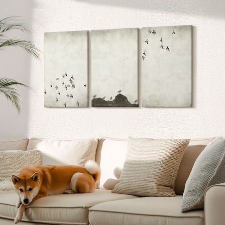 Zestaw 3 dużych obrazów na płótnie - Ptaki w locie styl minimalistyczny - beżowy