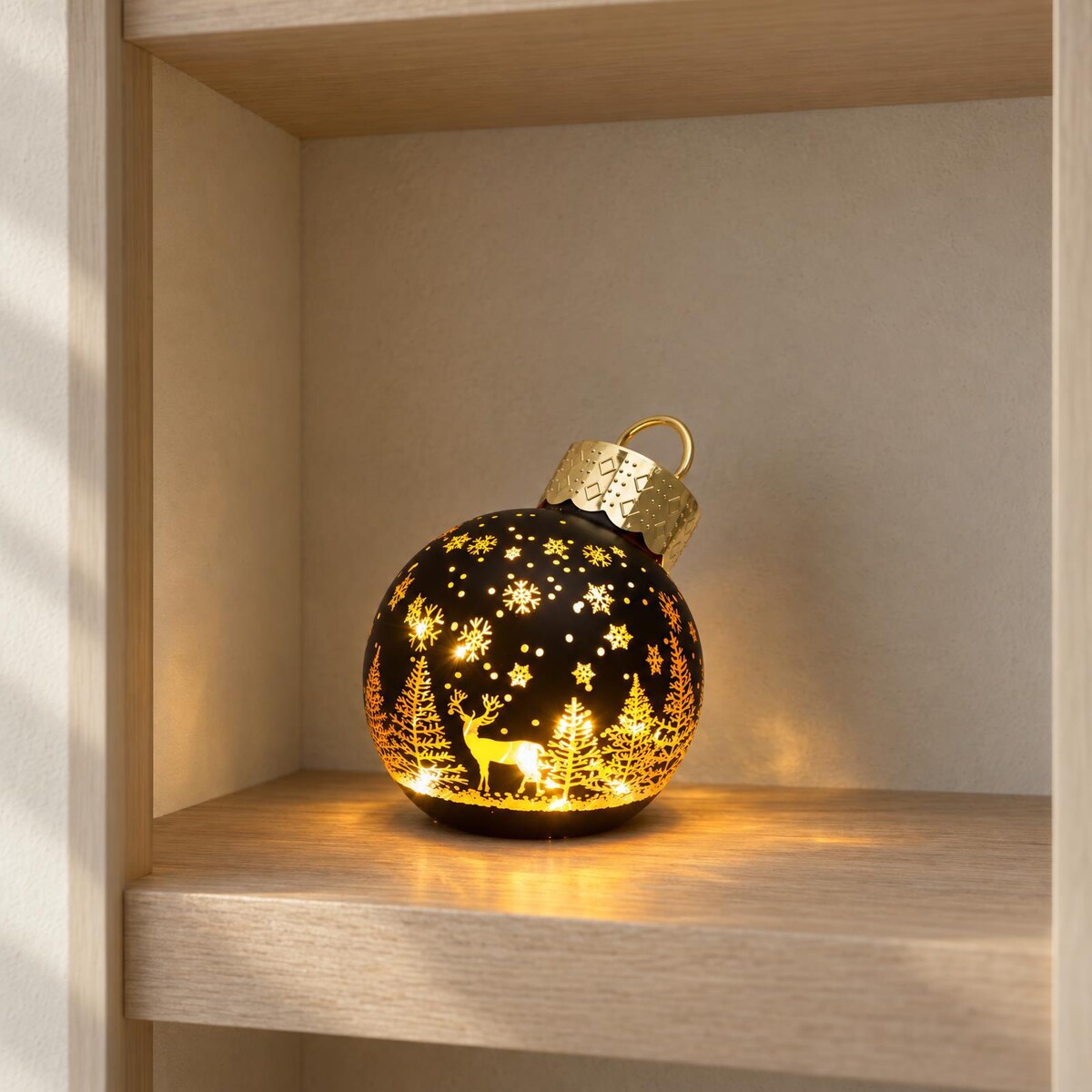 Bombka choinkowa szklana z oświetleniem LED, motyw zimowego lasu, Ø 12 x 14 cm