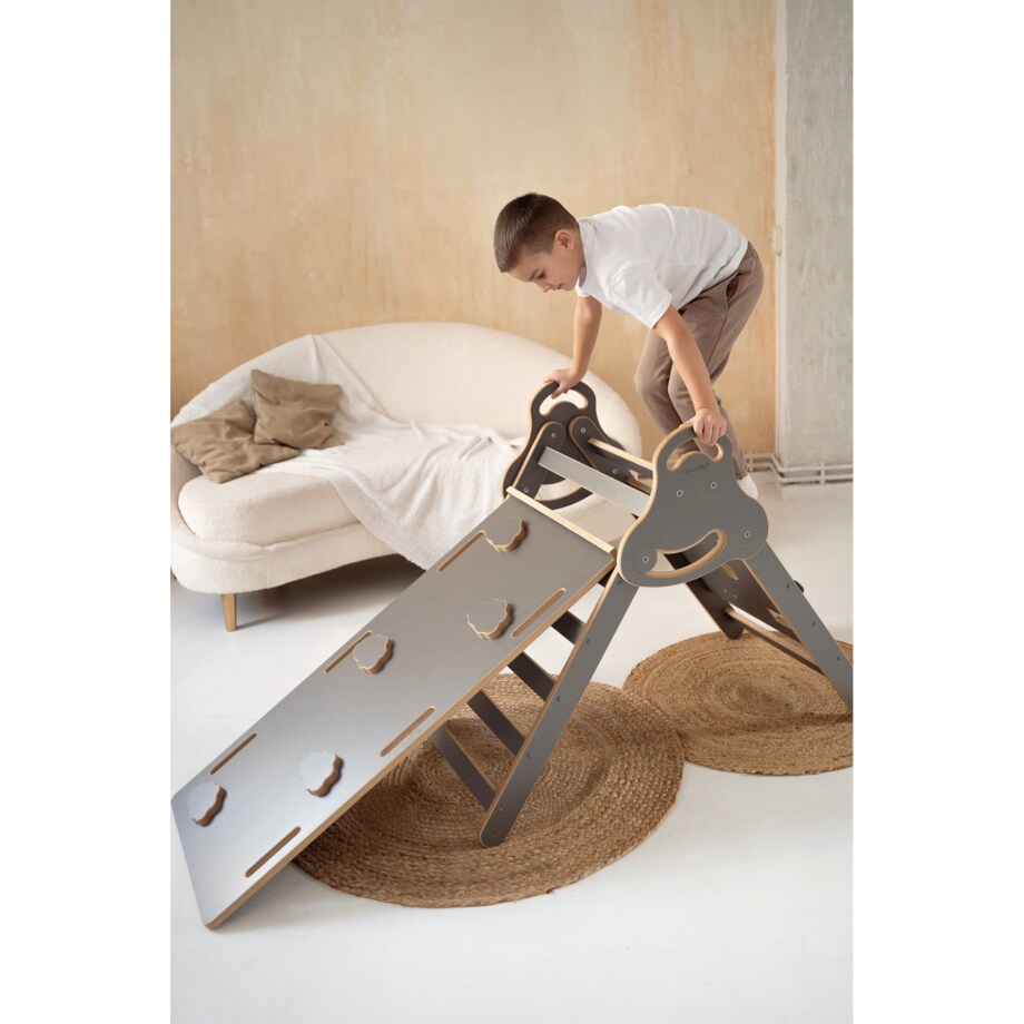 Drabinka Pikler ŚCIANKA WSPINACZKOWA + DUŻA zjeżdżalnia CHMURKI - szara
