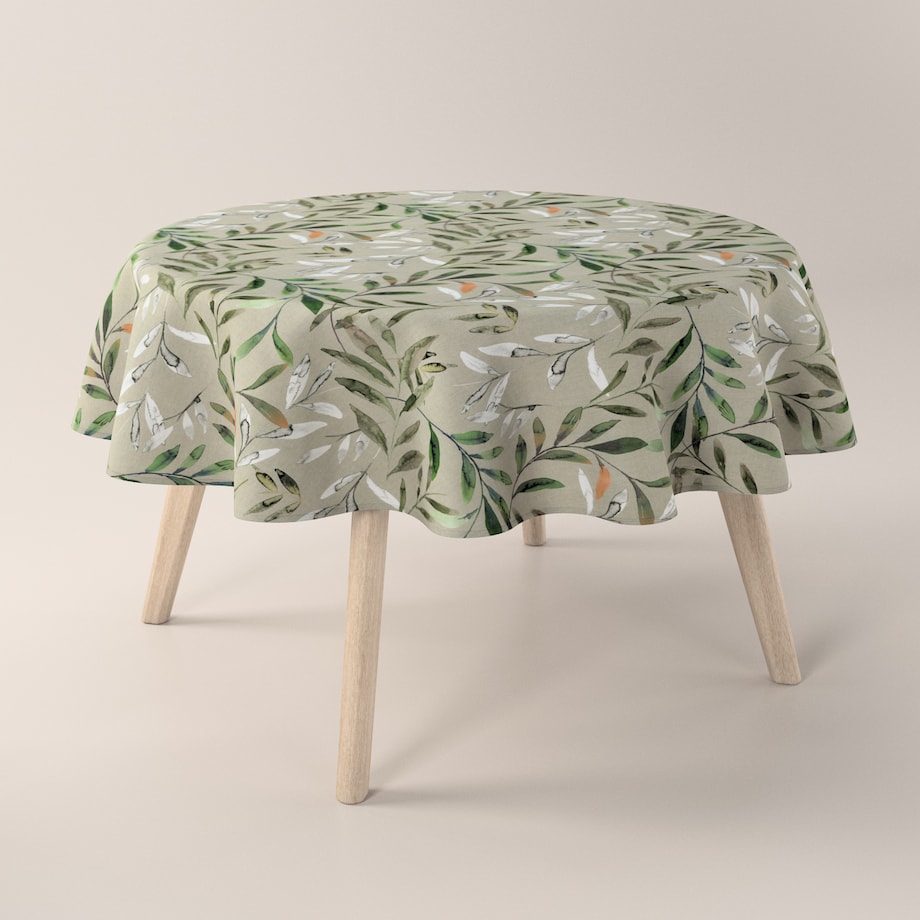 Obrus okrągły 160 x 160 cm zielone gałązki na szarym tle