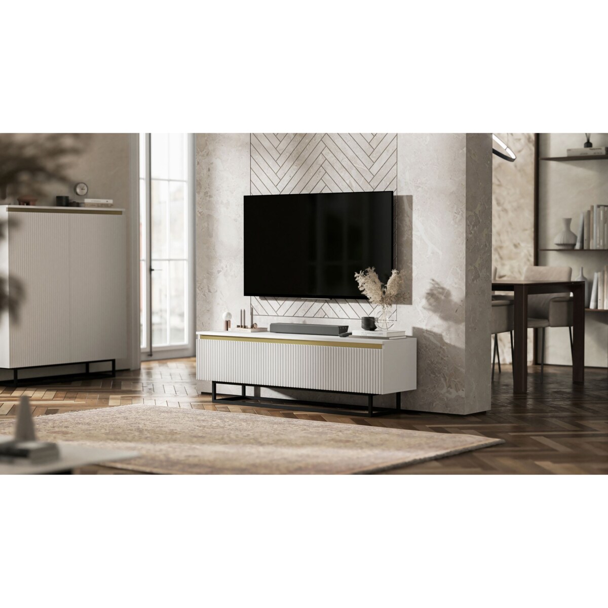 Nowoczesna Szafka RTV Glamour Komoda RTV Biały Mat 140 cm czarny stelaż