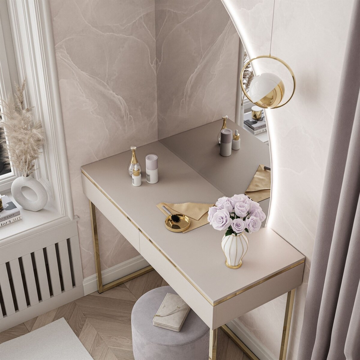 Toaletka AURORA-Q kaszmir złoty chrom lustro prawe