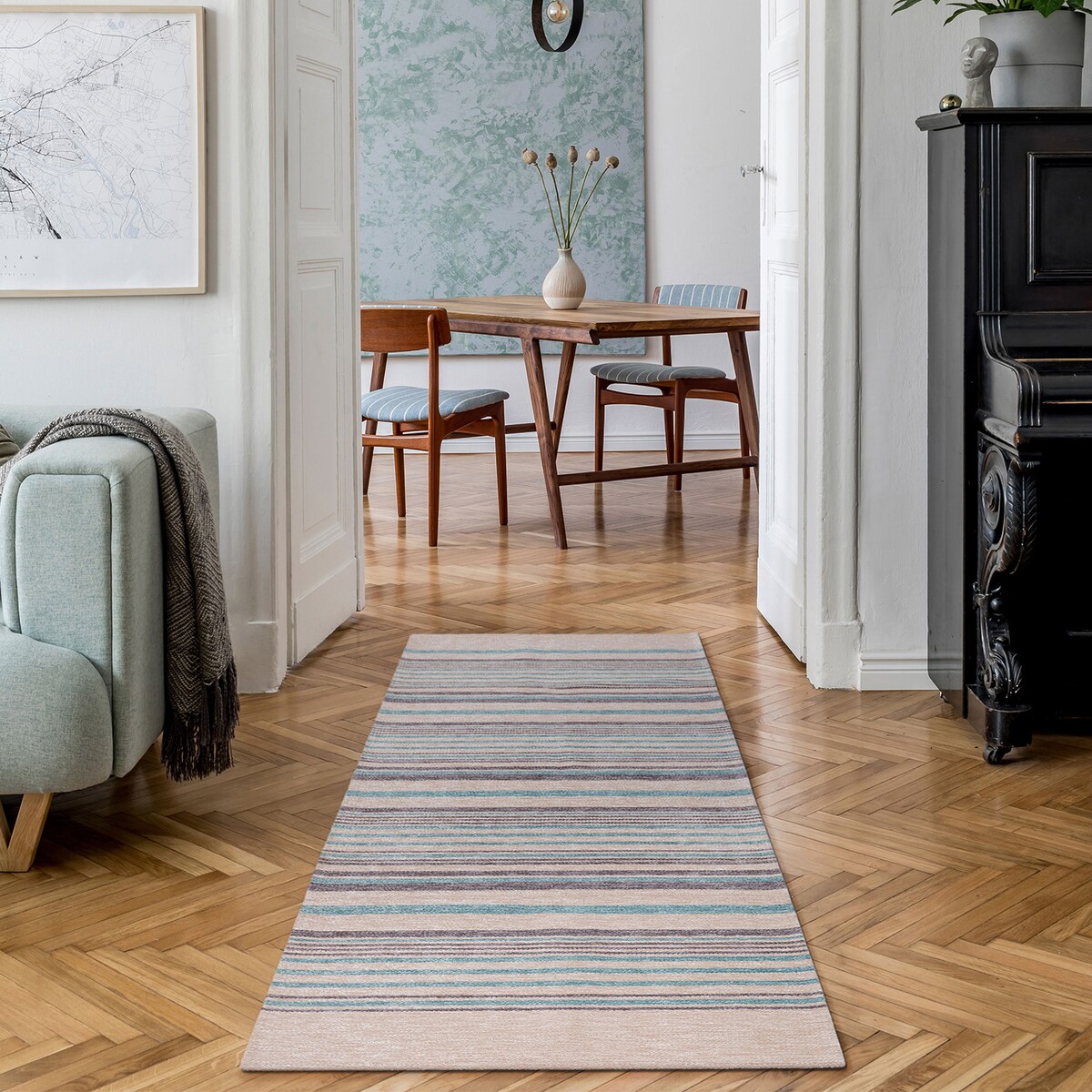 Dywan Laos Chenille 65x160 cm paski beżowo-turkusowe