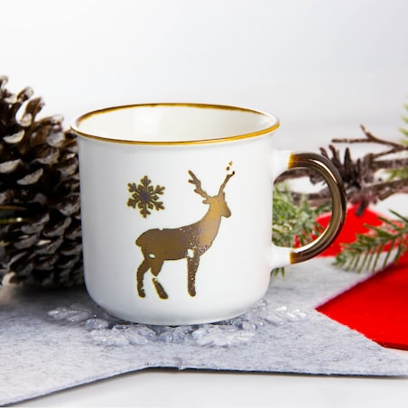 Kubek Porcelanowy Świąteczny Boże Narodzenie 400 Ml Biało-Złoty Renifer