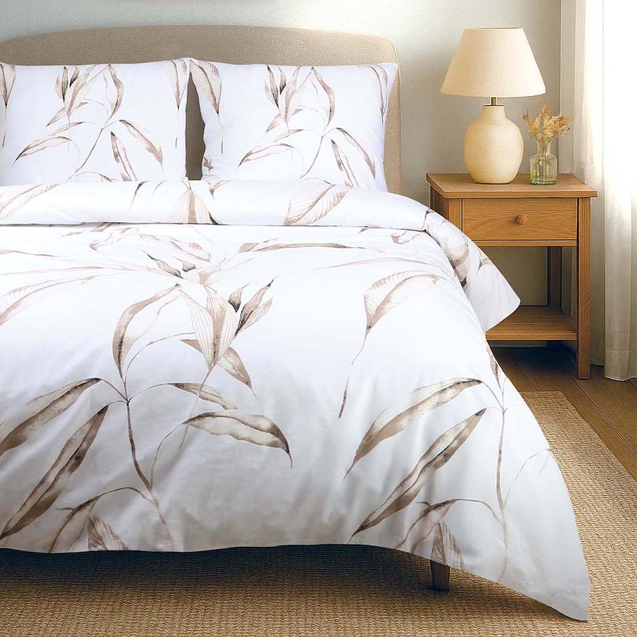 Pościel bawełniana 140x200 Livia biała w beżowe liście, Cottonlove