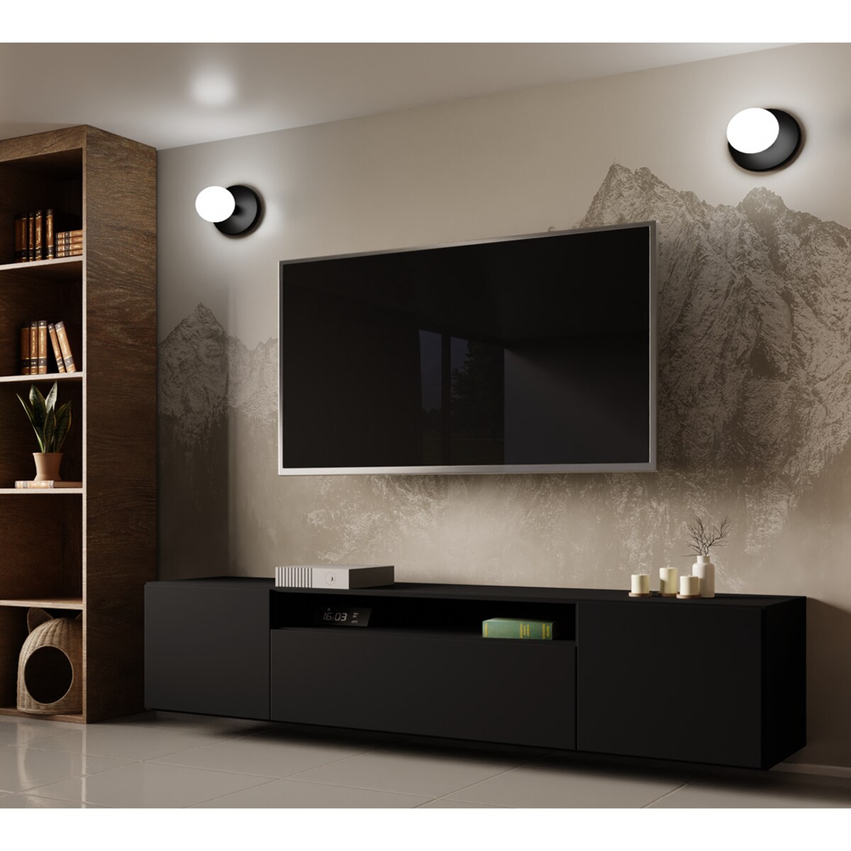 Szafka RTV LION 200cm wisząca, do pokoju gościnnego, proste fronty- czarny