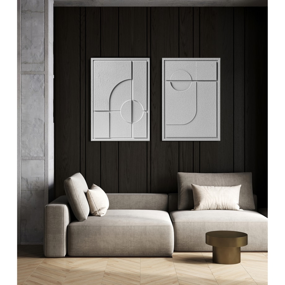 Zestaw 2 Obrazy 3D 50x70cm Geometric – Dekoracje ścienne z Tynku Naturalnego, Milky Grey, Minimalistyczne Reliefy