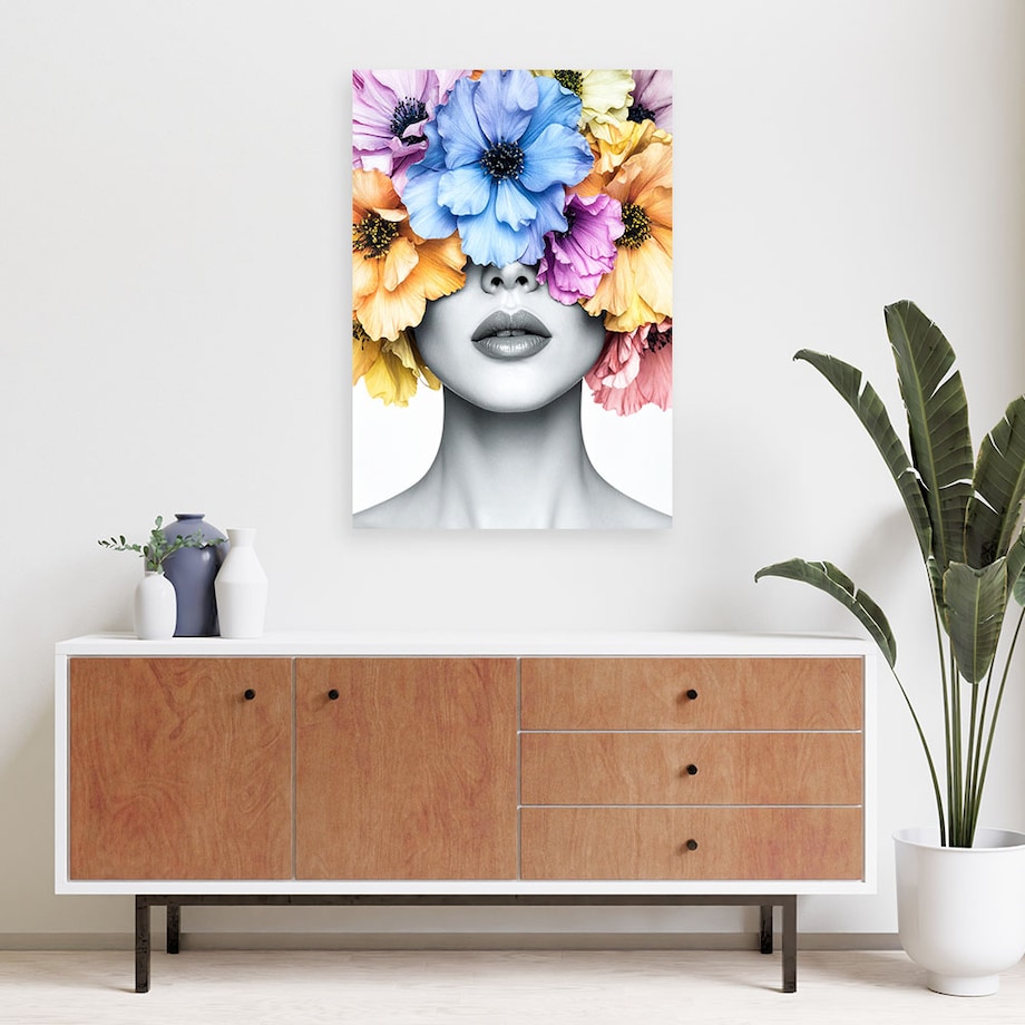 Obraz stylowy do sypialni salonu, Kobieta z kwiatami na głowie 40x60