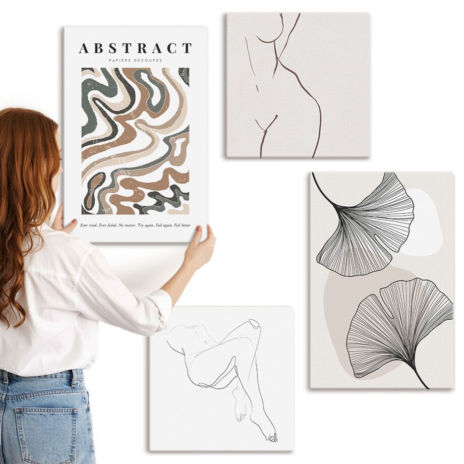 Zestaw 4 obrazów na płótnie - Abstrakcyjny boho kształty liści - beżowy