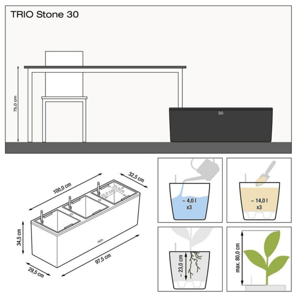LECHUZA Donica TRIO Stone 30 ALL-IN-ONE, kamienny szary