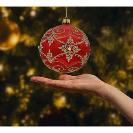 Bombka okrągła z ornamentem: czerwona