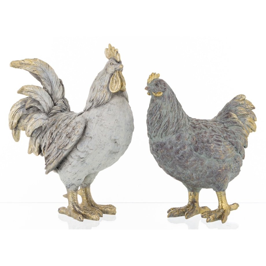 Dekoracja - para kogut i kura 26x10,5x21 i 22x10x20 cm PLOMFEE szary