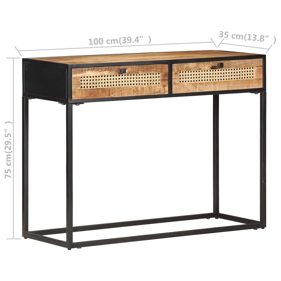 vidaXL Stolik konsolowy, 100x35x75 cm, surowe drewno mango i trzcina