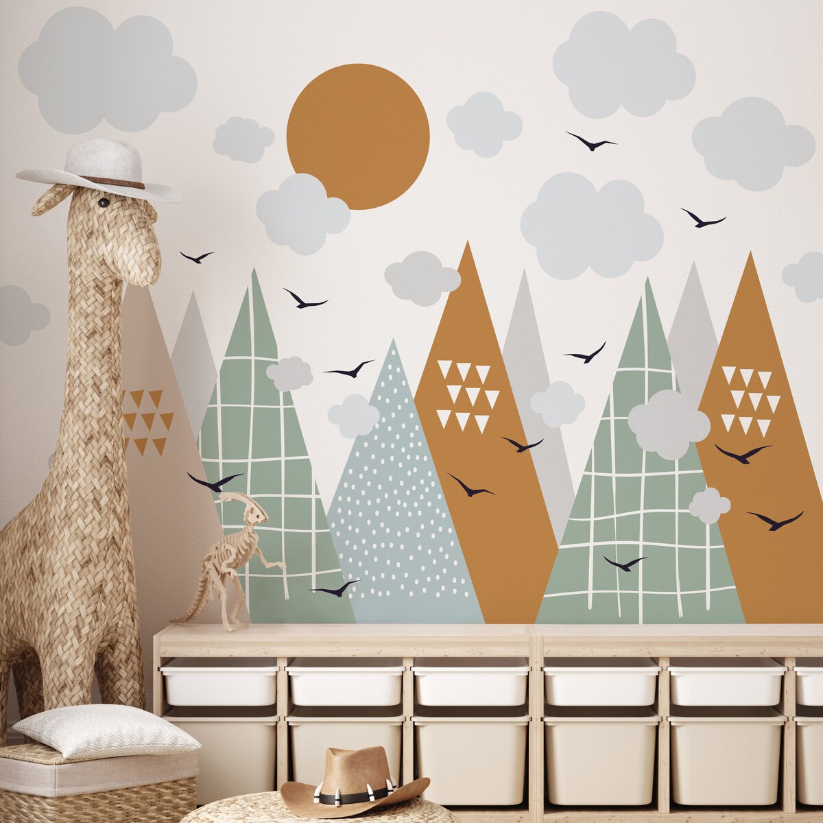 NAKLEJKI ŚCIENNE DLA DZIECI POMARAŃCZOWE GÓRY STYL SKANDYNAWSKI ZESTAW