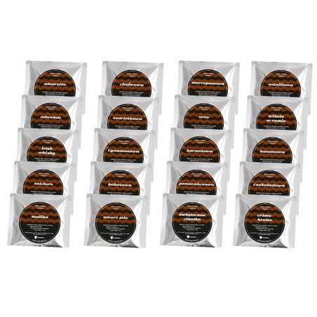 Zestaw prezentowy na ślub ŚLUBNE ŻYCZENIA. Zestaw 20 saszetek - 20x 10g z kawą mieloną o różnych smakach, herbata czarna Szczęście 120g, herbata biała Zdrowie 60g i dwa poręczne zaparzacze