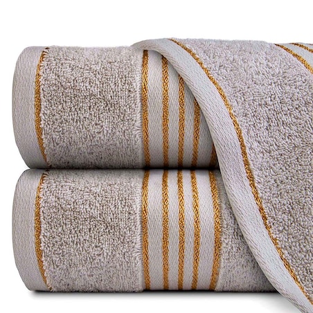 Ręcznik kąpielowy 50x90 cm bawełniany kolor szary z bordiurą w złote paski 500 g/m2 TIWANO